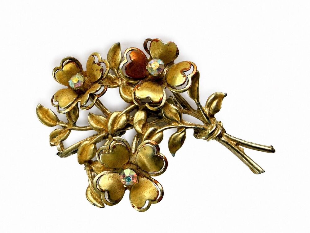 Vintage Coro Floral Spray Brooch Gold Tone AB Rhinestone Flower Bouquet Pin 1950